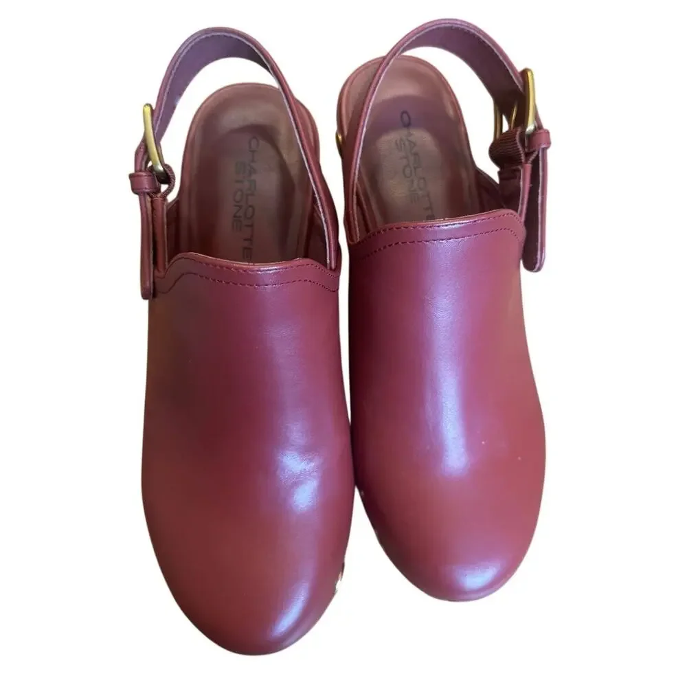 Charlotte Stone Burgundy Leather Studded Wooden Platform Clogs Slingback Heels 8